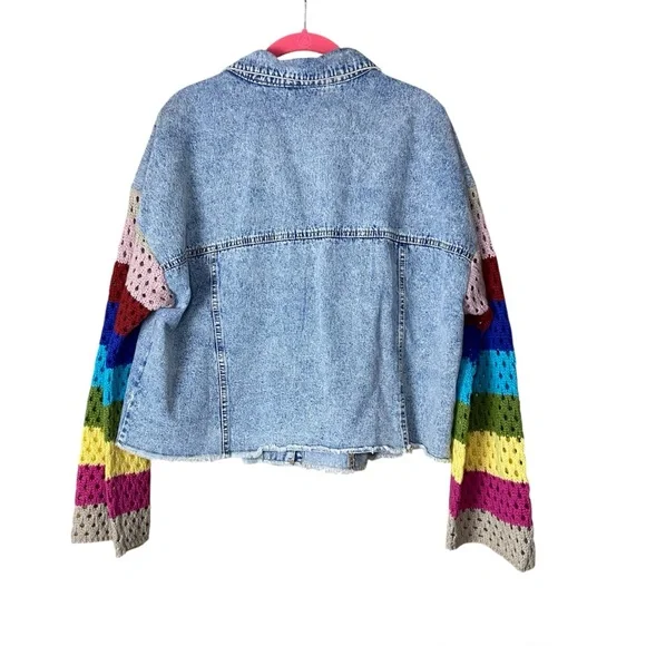 Elan Crochet Sleeve Cropped Denim Jacket Womens M Boho Festival - Picture 4 of 7